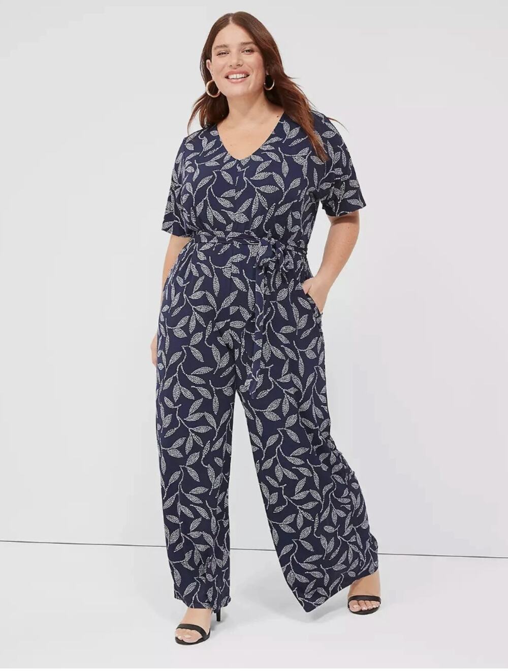 NWT Lane Bryant Perfect Kimono Sleeve V-Neck Jersey Jumpsuit Size 14/16 Leaves